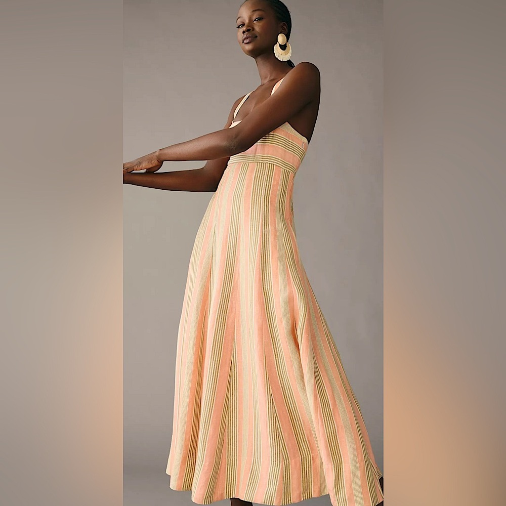 🪸Maeve Square-Neck Tie-Back A-Line Resort Vacation Dress in Coral Stripes